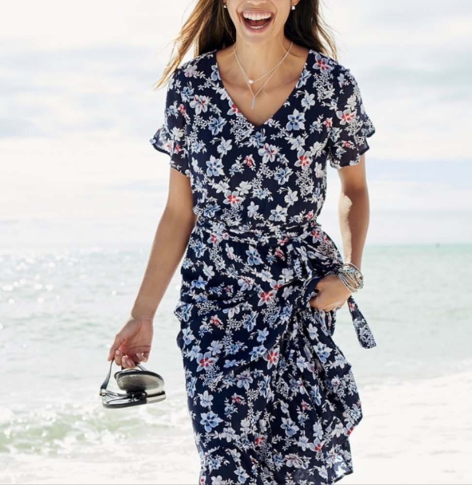 J. Jill Navy Floral Midi Dress with White and Pink Blooms